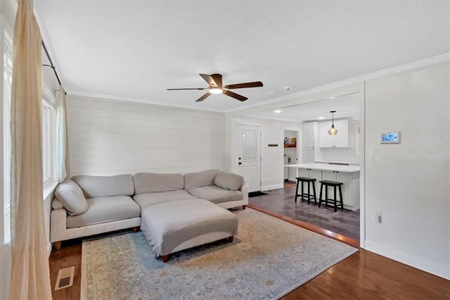 1162 Newtown Church Rd NE, Calhoun, GA 30701 - living room featuring ceiling fan, ornamental molding, dark wood finished floors, a textured ceiling, and recessed lighting