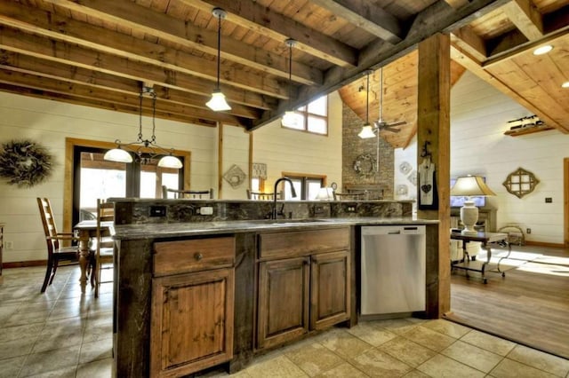 115 Coldwater Creek Dr, Mineral Bluff, GA 30559 - kitchen with dishwasher, wood ceiling, wooden walls, hanging light fixtures, and ceiling fan