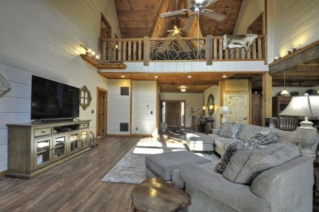 115 Coldwater Creek Dr, Mineral Bluff, GA 30559 - living area featuring high vaulted ceiling, ceiling fan, wood finished floors, and wooden walls