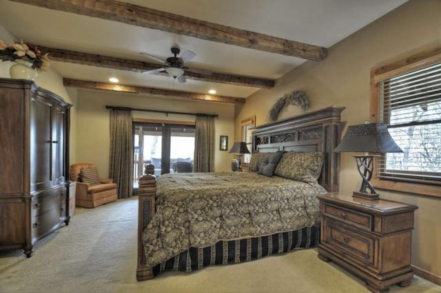 115 Coldwater Creek Dr, Mineral Bluff, GA 30559 - bedroom with light colored carpet, multiple windows, beam ceiling, and access to exterior