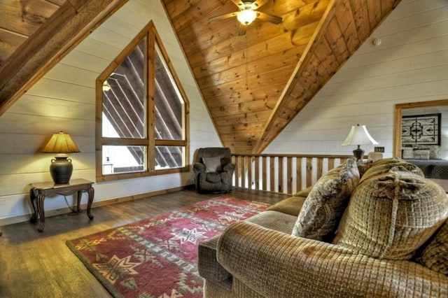 115 Coldwater Creek Dr, Mineral Bluff, GA 30559 - sitting room featuring wood finished floors, a ceiling fan, vaulted ceiling, and wood walls