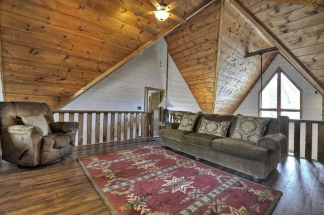 115 Coldwater Creek Dr, Mineral Bluff, GA 30559 - living room featuring wooden ceiling, vaulted ceiling, ceiling fan, hardwood / wood-style floors, and wood walls