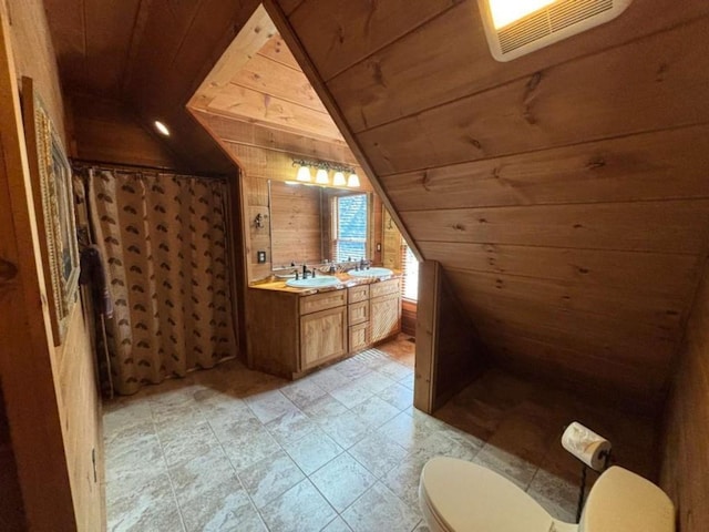115 Coldwater Creek Dr, Mineral Bluff, GA 30559 - bathroom featuring lofted ceiling, wooden ceiling, wood walls, vanity, and curtained shower
