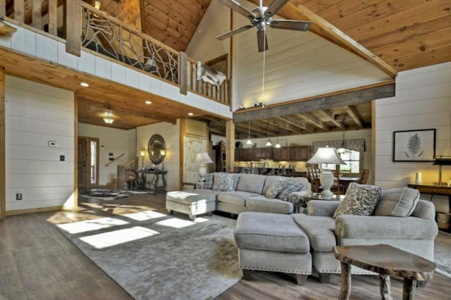 115 Coldwater Creek Dr, Mineral Bluff, GA 30559 - living area featuring wood finished floors, a ceiling fan, wooden walls, wood ceiling, and high vaulted ceiling