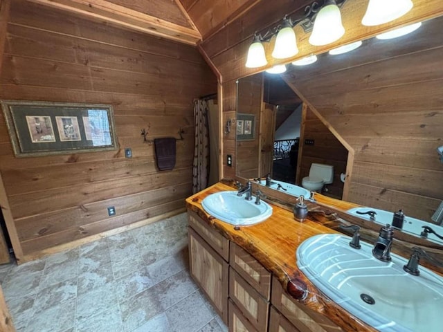 115 Coldwater Creek Dr, Mineral Bluff, GA 30559 - bathroom featuring wood walls, lofted ceiling, double vanity, and stone finish floors