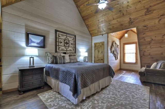 115 Coldwater Creek Dr, Mineral Bluff, GA 30559 - bedroom with vaulted ceiling, wooden walls, wood finished floors, wood ceiling, and a ceiling fan