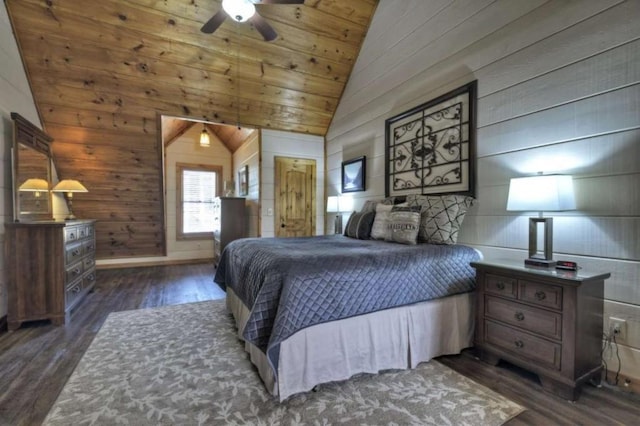 115 Coldwater Creek Dr, Mineral Bluff, GA 30559 - bedroom featuring lofted ceiling, dark wood-type flooring, wood ceiling, wood walls, and a ceiling fan