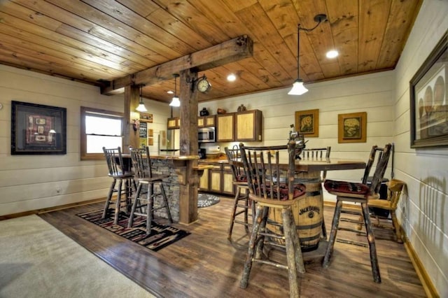 115 Coldwater Creek Dr, Mineral Bluff, GA 30559 - dining area with wooden ceiling and dark wood-type flooring