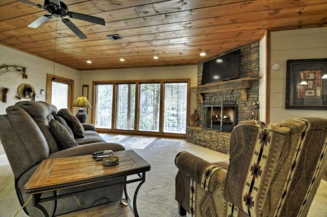 115 Coldwater Creek Dr, Mineral Bluff, GA 30559 - living area featuring wooden ceiling, a fireplace, ceiling fan, and carpet flooring
