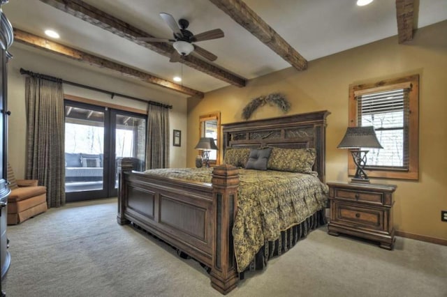 115 Coldwater Creek Dr, Mineral Bluff, GA 30559 - carpeted bedroom featuring access to exterior, beamed ceiling, recessed lighting, and ceiling fan