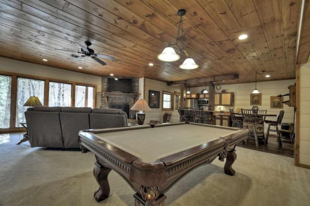115 Coldwater Creek Dr, Mineral Bluff, GA 30559 - recreation room with wood ceiling, carpet flooring, pool table, a large fireplace, and a ceiling fan
