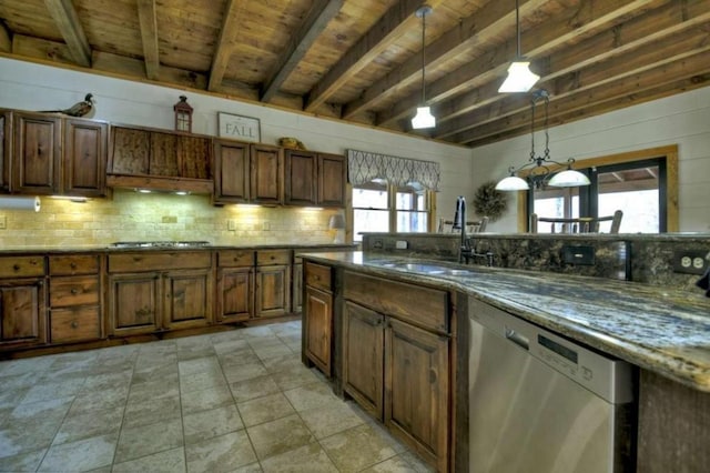 115 Coldwater Creek Dr, Mineral Bluff, GA 30559 - kitchen featuring appliances with stainless steel finishes, decorative backsplash, a wooden ceiling with exposed beams, decorative light fixtures, and stone counters