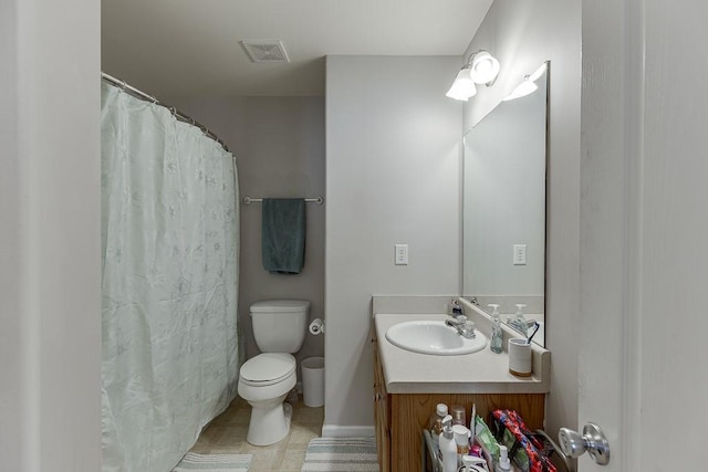 bathroom featuring toilet, tile patterned floors, visible vents, and vanity