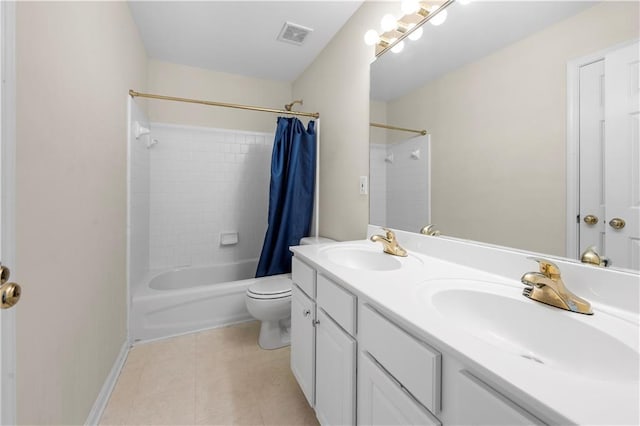 5312 Tormeal Trce, Suwanee, GA 30024 - bathroom with toilet, shower / tub combo with curtain, double vanity, tile patterned floors, and baseboards