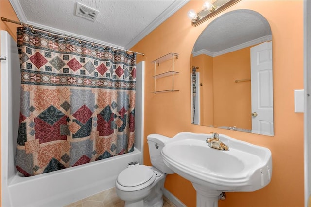 5312 Tormeal Trce, Suwanee, GA 30024 - full bathroom featuring a textured ceiling, crown molding, toilet, shower / bath combo, and a sink