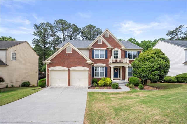 5312 Tormeal Trce, Suwanee, GA 30024 - colonial-style house with brick siding, a front yard, concrete driveway, and a garage