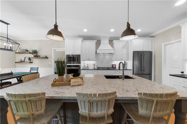 989 Pink Williams Rd, Dahlonega, GA 30533 - kitchen featuring stainless steel appliances, a sink, premium range hood, a large island, and white cabinets