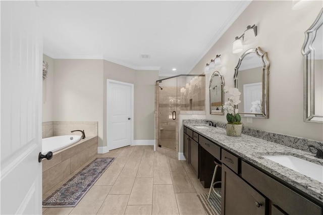 989 Pink Williams Rd, Dahlonega, GA 30533 - full bathroom featuring double vanity, a stall shower, a bath, ornamental molding, and tile patterned floors