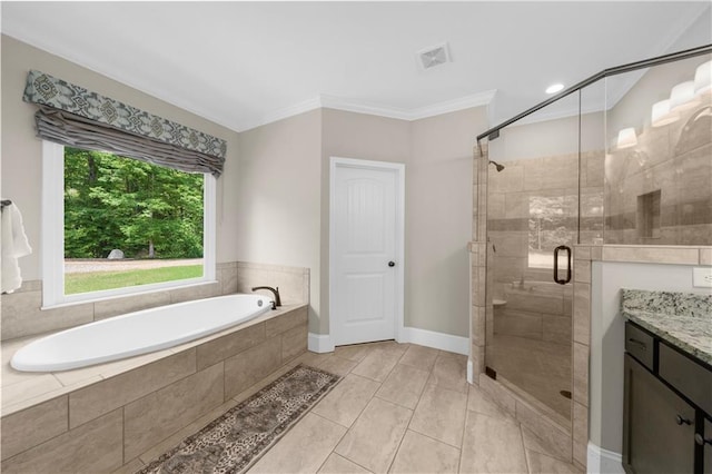 989 Pink Williams Rd, Dahlonega, GA 30533 - bathroom with a garden tub, vanity, a stall shower, tile patterned flooring, and ornamental molding