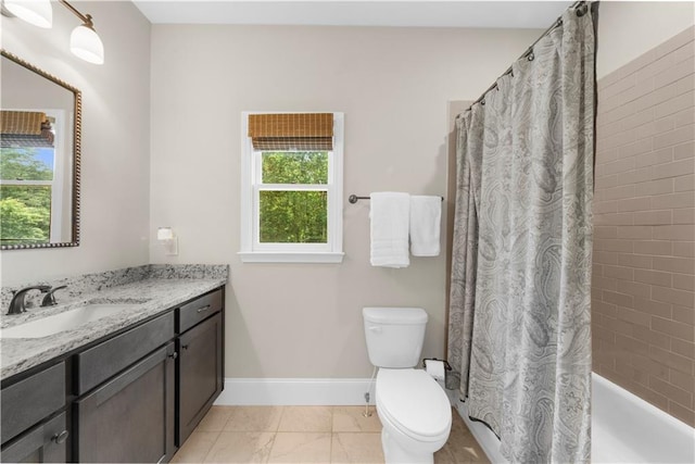 989 Pink Williams Rd, Dahlonega, GA 30533 - full bath with vanity, toilet, baseboards, shower / bathtub combination with curtain, and marble look tiles