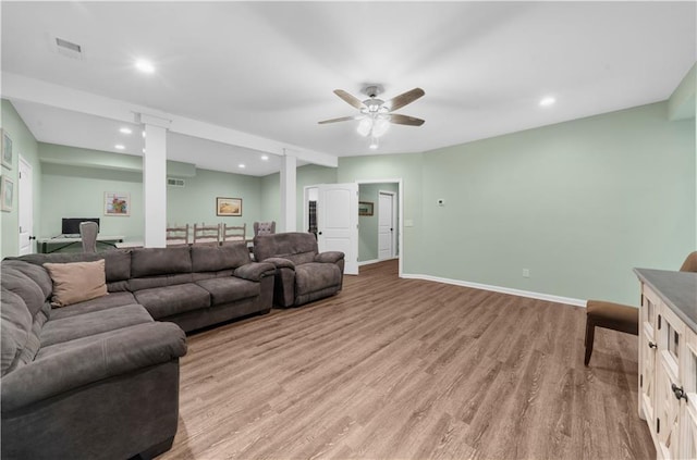 989 Pink Williams Rd, Dahlonega, GA 30533 - living room featuring light wood finished floors, a ceiling fan, recessed lighting, baseboards, and a desk