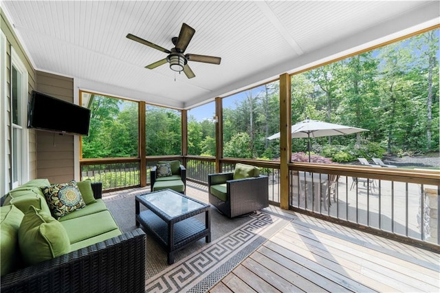 989 Pink Williams Rd, Dahlonega, GA 30533 - sunroom / solarium featuring outdoor lounge area, a ceiling fan, and view of scattered trees