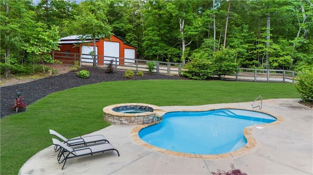 989 Pink Williams Rd, Dahlonega, GA 30533 - view of swimming pool with a pool with connected hot tub, a patio area, a view of trees, and an outdoor structure
