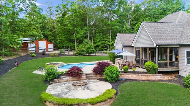 989 Pink Williams Rd, Dahlonega, GA 30533 - view of yard featuring an outdoor fire pit, a patio area, an outdoor pool, and an outbuilding
