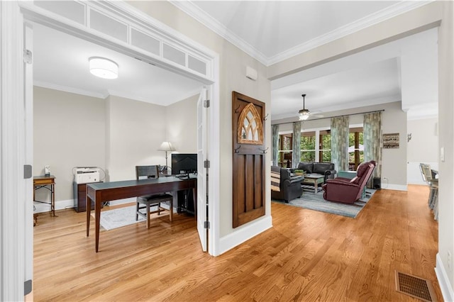989 Pink Williams Rd, Dahlonega, GA 30533 - office area with light wood-type flooring, baseboards, ornamental molding, and a ceiling fan