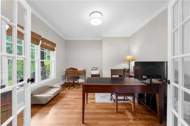 989 Pink Williams Rd, Dahlonega, GA 30533 - home office with french doors, ornamental molding, light wood-style floors, and baseboards