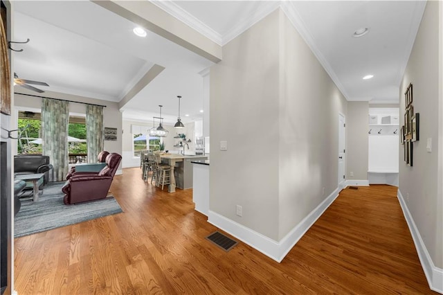 989 Pink Williams Rd, Dahlonega, GA 30533 - hallway with wood finished floors, crown molding, baseboards, and recessed lighting