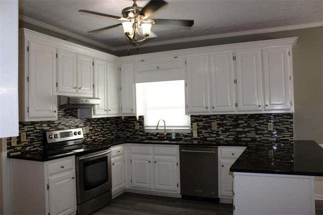 2031 Lakewood Cir, Grayson, GA 30017 - kitchen with dishwasher, stainless steel electric range, a sink, dark countertops, and under cabinet range hood