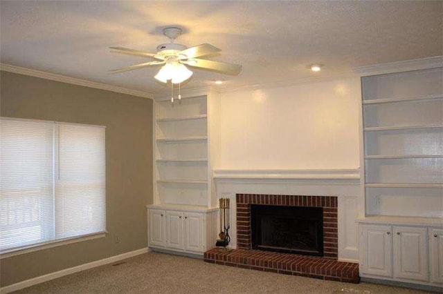 2031 Lakewood Cir, Grayson, GA 30017 - unfurnished living room featuring a ceiling fan, ornamental molding, baseboards, light carpet, and a fireplace