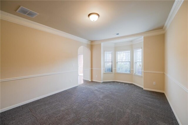 unfurnished dining area with coffered ceiling, ornamental molding, an inviting chandelier, beam ceiling, and dark colored carpet