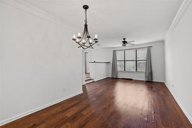 400 17th St NW Unit 1321, Atlanta, GA 30363 - unfurnished living room with ornamental molding, dark wood finished floors, a chandelier, a ceiling fan, and baseboards