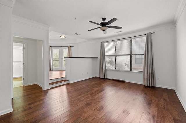 400 17th St NW Unit 1321, Atlanta, GA 30363 - empty room featuring dark wood finished floors, a ceiling fan, ornamental molding, french doors, and baseboards