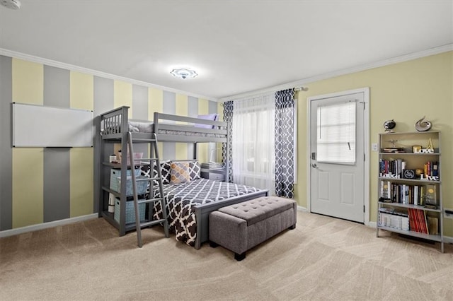 bedroom featuring light colored carpet and ornamental molding