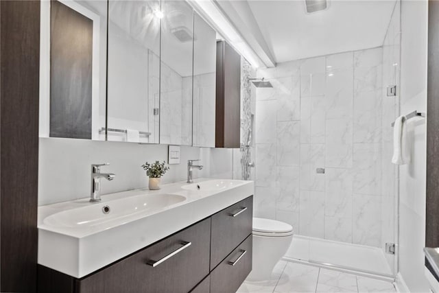 2123 Drew Valley Rd NE, Brookhaven, GA 30319 - full bath with marble finish floors, a shower stall, double vanity, and toilet