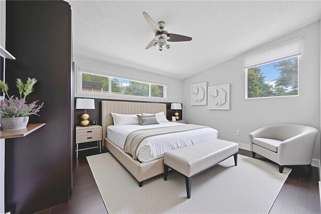 2123 Drew Valley Rd NE, Brookhaven, GA 30319 - bedroom with lofted ceiling, multiple windows, dark wood-style floors, and a ceiling fan