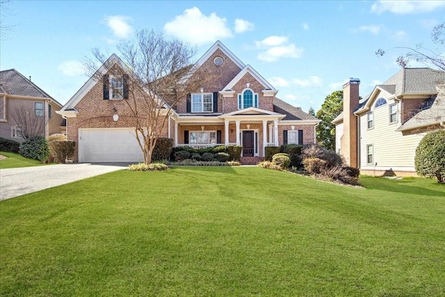 view of front of house featuring a garage, brick siding, concrete driveway, and a front yard