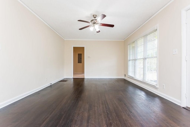 unfurnished room featuring electric panel, dark hardwood / wood-style flooring, ceiling fan, and crown molding