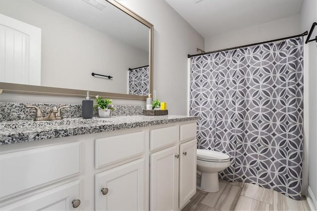 bathroom with vanity, toilet, and a shower with shower curtain