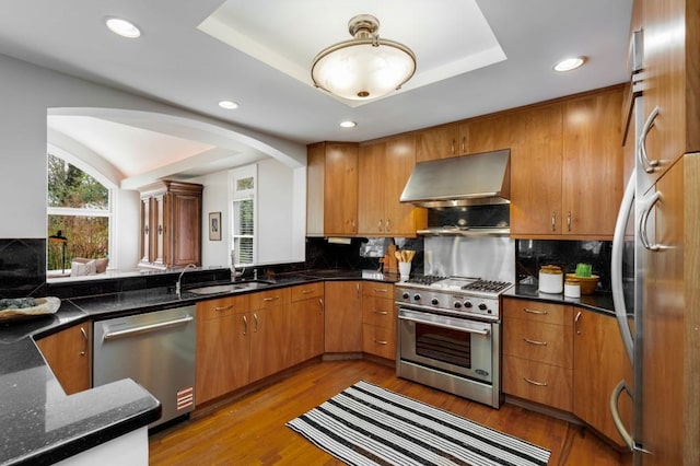 kitchen featuring wood finished floors, a sink, stainless steel appliances, under cabinet range hood, and a raised ceiling