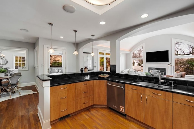 kitchen featuring a sink, dark stone countertops, stainless steel dishwasher, dark wood-style floors, and open floor plan