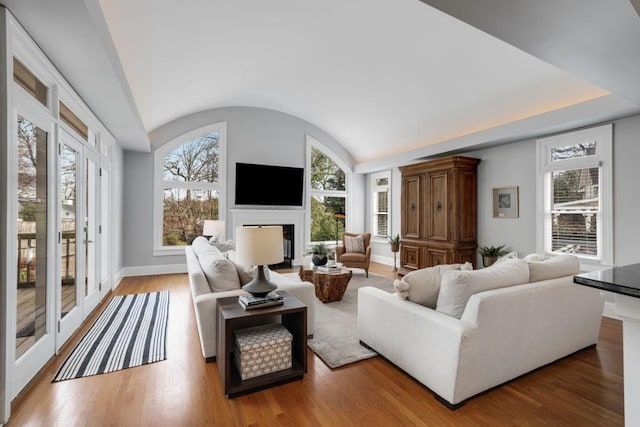 living room with a fireplace, baseboards, lofted ceiling, and wood-type flooring