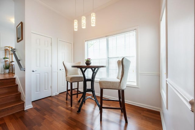 dining area with baseboards, dark wood-style floors, and a healthy amount of sunlight