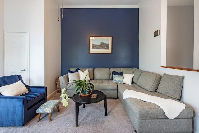 living room with crown molding and baseboards