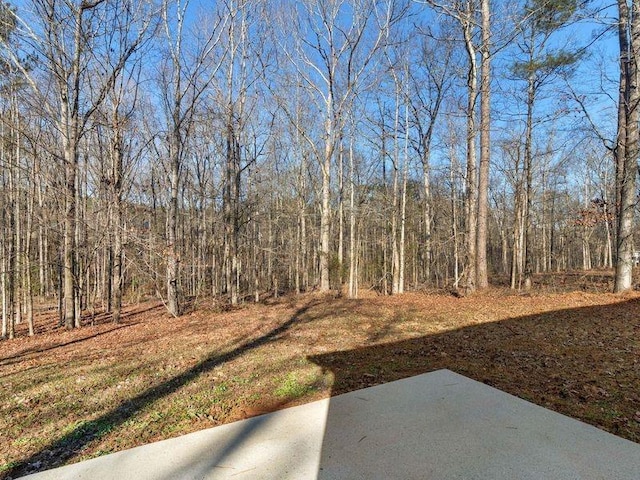 view of yard featuring a forest view and a patio