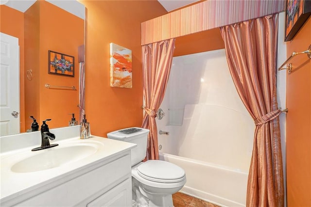 full bathroom featuring vanity, shower / bathtub combination with curtain, and toilet