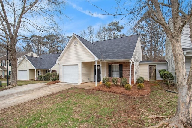 view of front of home featuring a shingled roof, concrete driveway, brick siding, and an attached garage